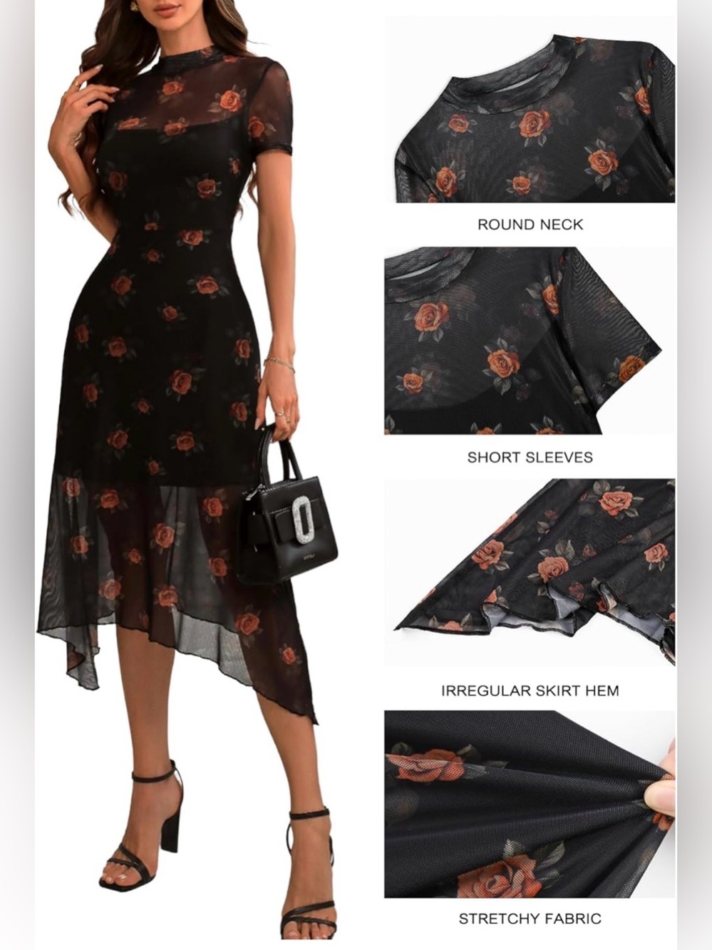 Black Rose-Print High-Low Sheer Dress